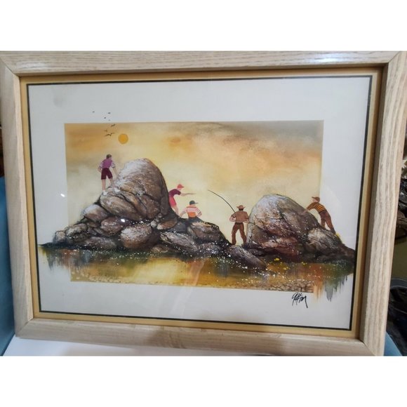 Signed Watercolor Framed Fishing Scene - Picture 1 of 12